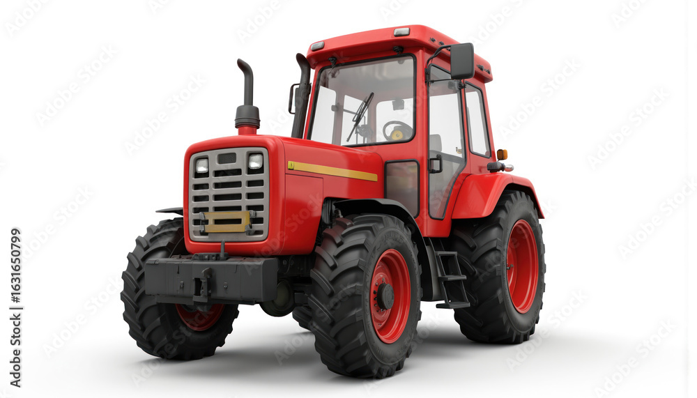 Obraz premium Bright red cartoon tractor with big tires, driver cabin sits ready for farm work. 3d model agricultural machinery on clean white background. Design friendly, approachable, suggesting use in farming