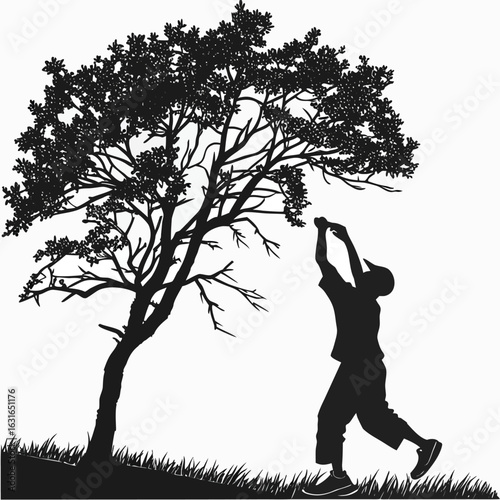 Silhouette of a golfer swinging under a large tree