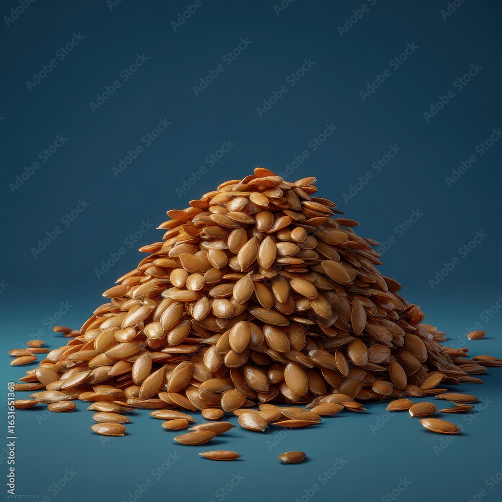 Obraz premium Golden flax seeds heap, studio shot, blue background, healthy food