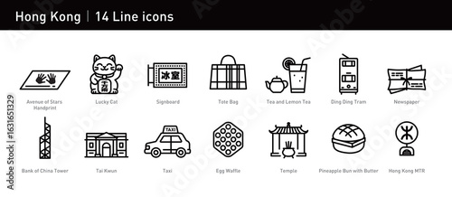 This HK icon set shows city charm with food, buildings, items, stars, and trams. Ideal for travel and design.