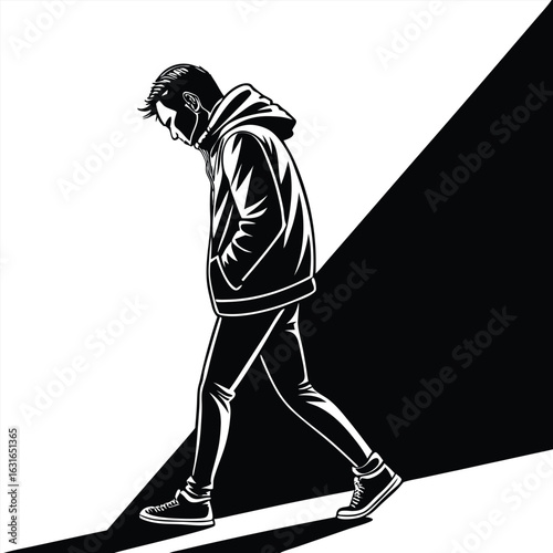 A monochrome illustration of a person walking, head down, along a diagonal line separating light and dark areas