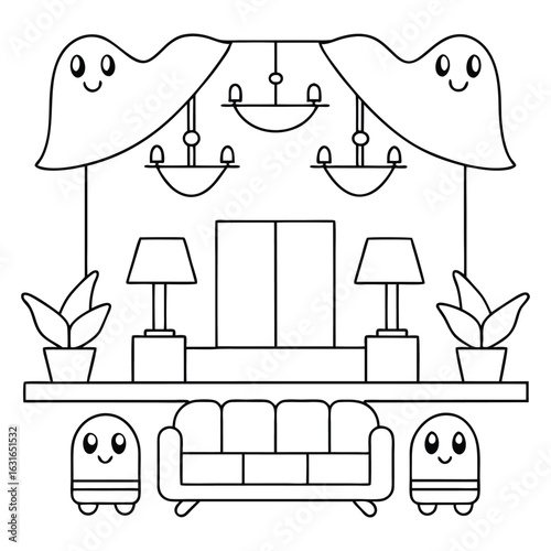 Interior scene with ghosts, a sofa, lamps, potted plants, and chandeliers under draped curtains
