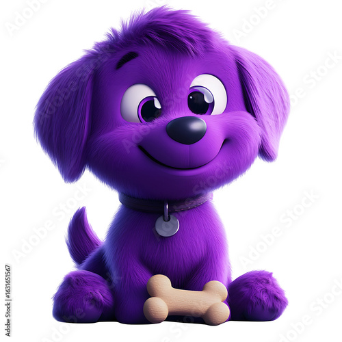 Purple fluffy cartoon dog sits with bone. Rendered 3D illustration ideal for children's books, greeting cards, posters, and animated characters.