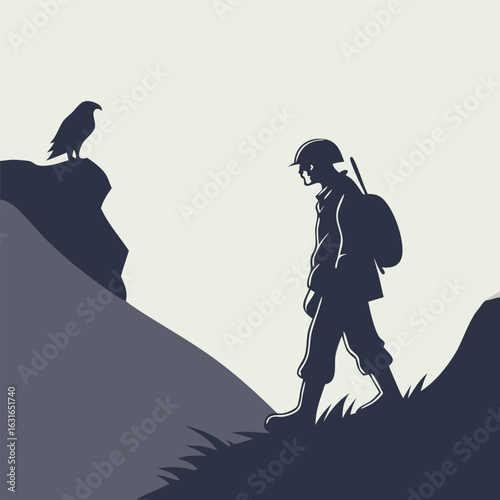 Silhouette of a soldier hiking in mountainous terrain. A bird perches on a cliff