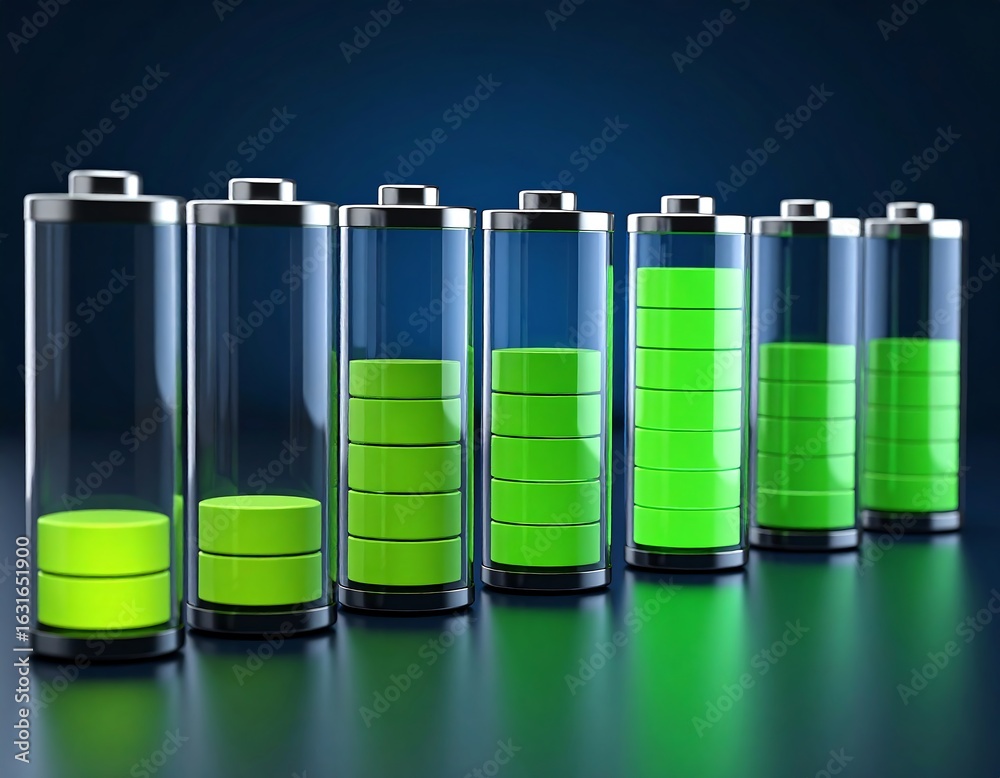 Eight transparent cylindrical batteries with varying levels of green energy charge displayed on a dark reflective surface Eight transparent cylindrical batteries with varying levels of green energy charge displayed on a dark reflective surface
