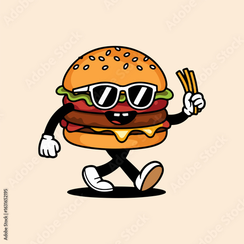 groovy cartoon burger walking vector 3