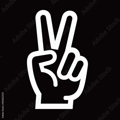 A simple white line art illustration of a hand making the peace sign, with a black background.