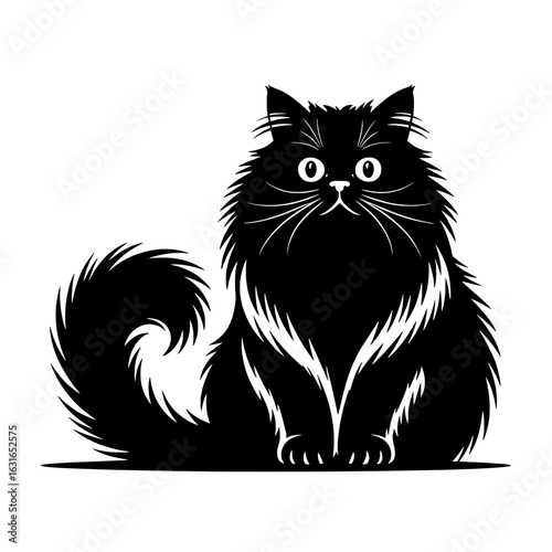 Black and white vector illustration of a fluffy, long-haired cat silhouette. Monochrome drawing of a sitting feline with large eyes and bushy tail. Simple, graphic design element for pet-related proje