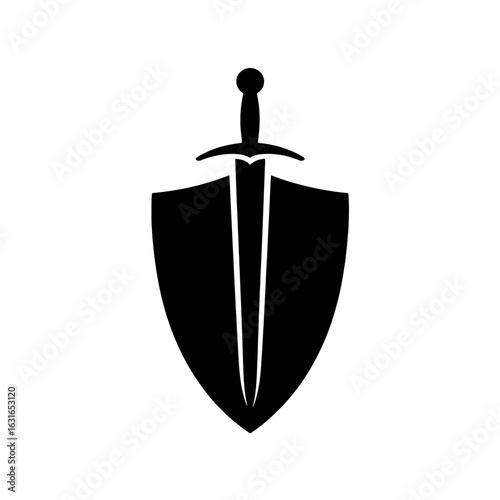 Black and white vector illustration of a simple shield and sword icon. Monochrome graphic design element featuring a stylized medieval weapon and defensive armor. Security, protection, and defense con