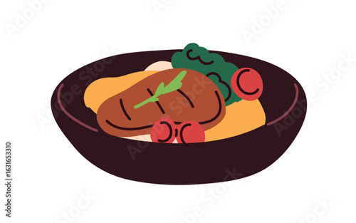 Meat and vegetables, dish, cooked food on plate. Beef steak, grilled meal, dinner, main course. Delicious eating with beefsteak and garnish. Flat vector illustration isolated on white background