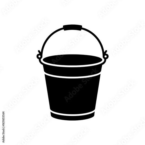 Black and white vector illustration of a simple metal bucket with handle. Monochrome pail icon, silhouette, isolated on white background. Cleaning, gardening, household tool graphic. Vector design ele