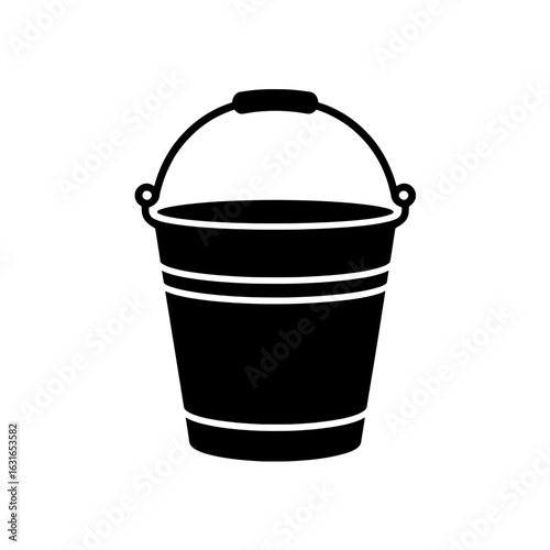 Black and white vector illustration of a metal bucket with handle. Monochrome pail icon, simple graphic design element for cleaning, gardening, or household chores. Single object, isolated on white ba