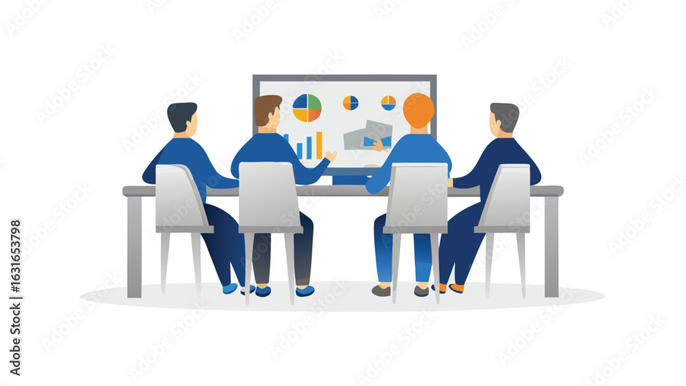 Obraz premium Team is analyzing data in the meeting room with graphs and charts on the screen and discussing it