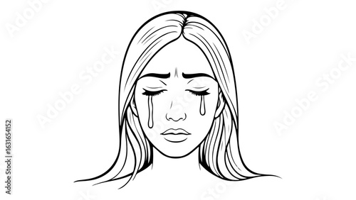 Illustration of a Woman Crying with Tears Streaming Down Her Face, Black-and-white drawing of a woman with tears on her face, expressing sadness and emotion