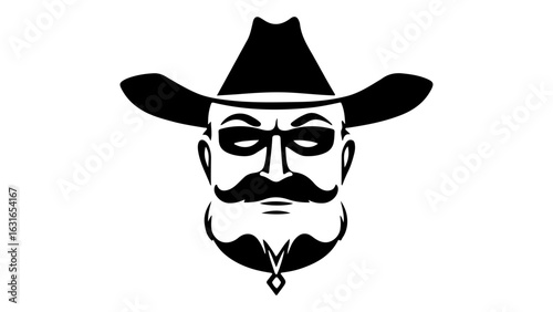 Silhouette Design of a Bearded Man Wearing a Cowboy Hat and Sunglasses, Minimalist black silhouette of a bearded man with a cowboy hat and sunglasses