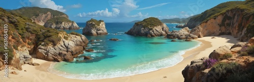 Turquoise cove beach, serene ocean waters meet sandy shore. Rocky cliffs, green hillsides frame idyllic bay. Bright sunny day, clear sky, gentle waves create tropical paradise setting for travel,