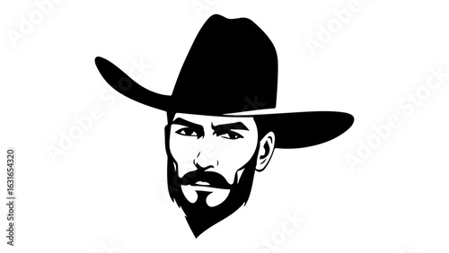 simple cowboy person staring face in cowboy hat vector black and white illustration