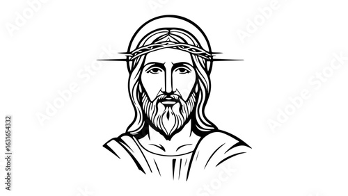Portrait of Jesus Christ with Crown of Thorns Line Art Illustration, Black and white line art illustration depicting Jesus Christ wearing a crown of thorns, detailed and serene.
