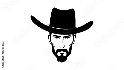 cowboy person in hat staring face shape black and  white vector illustration