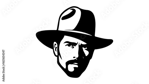 cowboy with hat staring black and white shape icon
