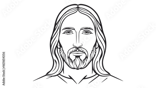 Line Art Illustration of Jesus Christ With Long Hair and Beard, Minimalist black and white line art depiction of Jesus Christ, detailed facial features, flowing hair
