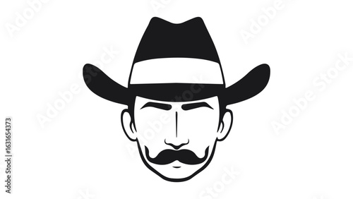 head of a cowboy with mustache and a hat black and white illustration