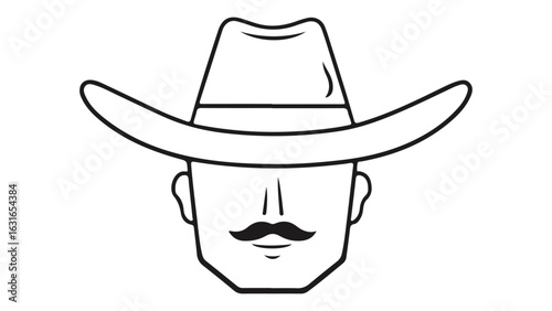 simple smiling cowboy shape with no eyes, cowboy person with mustache and a had smiling simple line art in vector