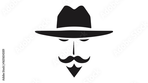 simple cowboy face shape icon with only eyes mustache nose and hat black and white vector icon illustration