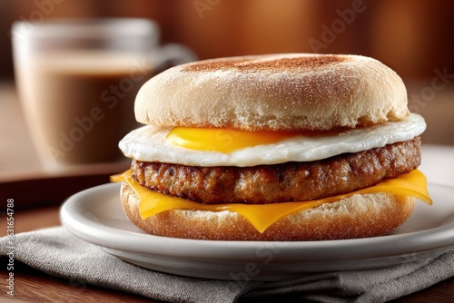 Hearty English Muffin Breakfast Sandwich with Golden Egg and Savory Sausage