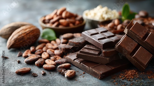 Chocolate Bars, Cocoa Beans, and Nibs Still Life
