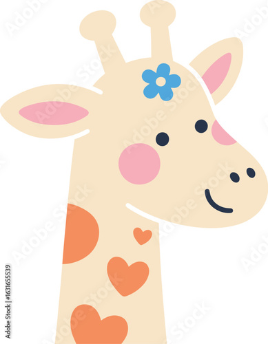 A cute and charming cartoon giraffe head with heart-shaped spots and a blue flower behind its ear, on a white background.