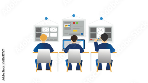 Three people working at desks with computers and design boards in a bright and modern office space
