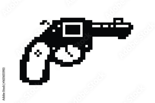 Pixelated revolver with black and white detail offers a retro video game aesthetic