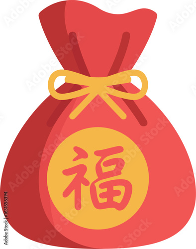 A traditional Chinese red lucky bag with the character "��" (F��) on it, symbolizing good fortune, wealth, and prosperity for the Lunar New Year.