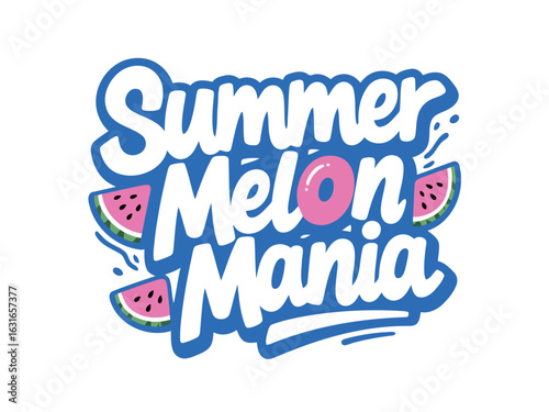 A playful typographic logo with the words "Summer Melon Mania" in a bold, wavy font, surrounded by watermelon slices, ideal for summer events, promotions, or branding.