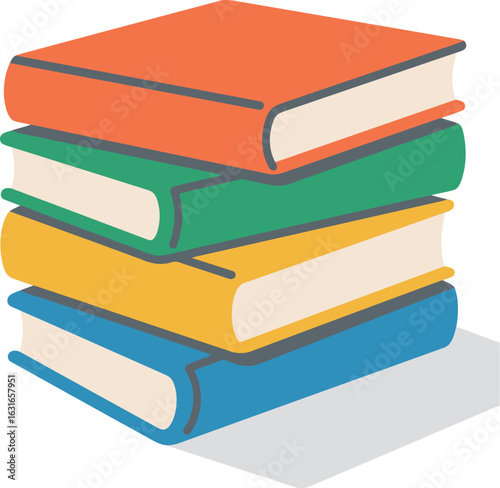 A stack of four colorful books with different colored covers, representing education, knowledge, learning, and literature in a simple, flat design style.