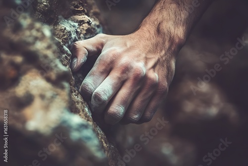 Close up of a person's hand gripping a rough textured rock during a challenging climb