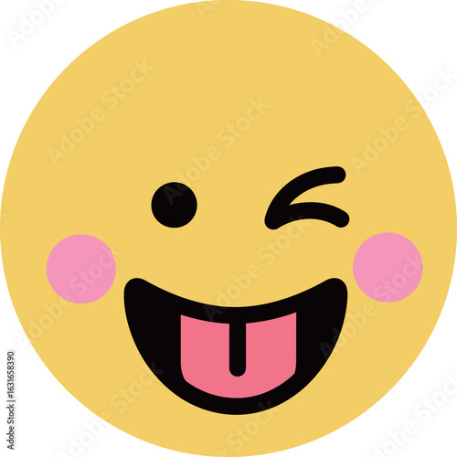 A cute cartoon winking emoji with its tongue sticking out and rosy cheeks, representing playfulness, mischief, and a cheerful mood in a simple, expressive design.