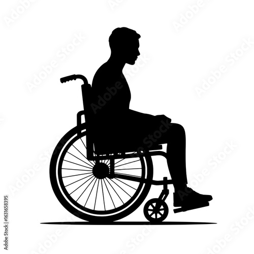 Black silhouette vector illustration of a young man in a wheelchair. Monochrome graphic of a person with disability, side view. Medical, healthcare, accessibility icon.