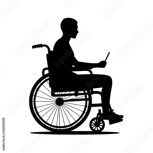 Black silhouette vector illustration of person in wheelchair using digital tablet. Monochrome graphic of disability, accessibility, technology, and assistive devices. Side view, isolated on white.