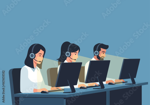 Three call center operators wearing headsets and working on computers at their desks in a dimly lit office