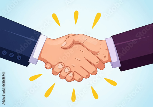 Two hands shaking in agreement, symbolizing a successful business deal and partnership with a bright, positive aura