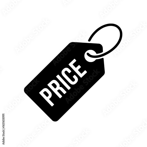 Black and white vector icon of a simple price tag with string. Monochrome illustration of a retail label with the word 'PRICE' for sales, discounts, and shopping.  Graphic design element for e-commerc