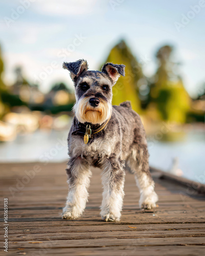 Miniature Schnauzer Standing on a Wooden Dock