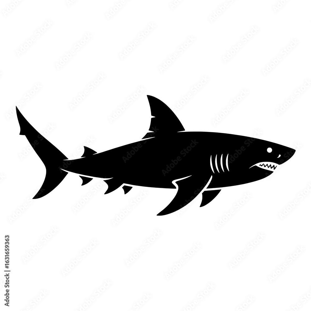 Obraz premium Black and white vector illustration of a great white shark silhouette. Monochrome shark icon, logo, or graphic design element featuring fins, tail, teeth, and body. Simple, bold shark illustration for