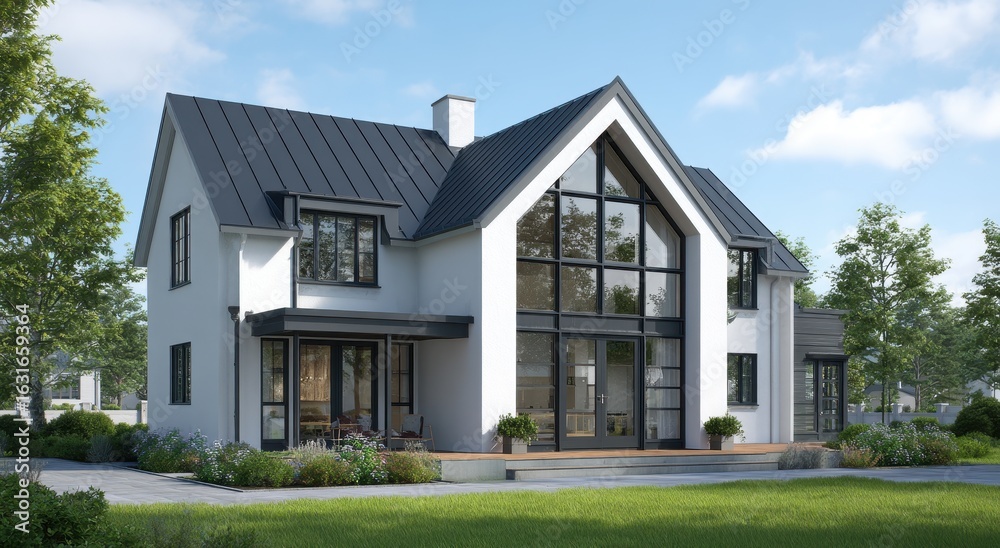 Modern farmhouse exterior with a dark metal roof and large windows Modern farmhouse exterior with a dark metal roof and large windows