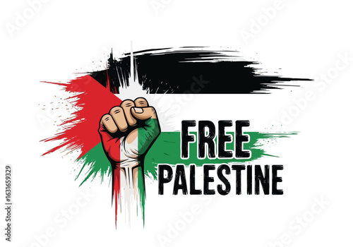Fist with palestinian flag colors and text free palestine