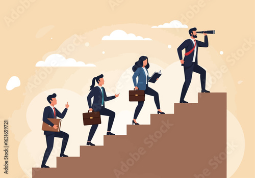 Business people climbing stairs symbolizing career growth and future success, with one person looking ahead with a spyglass