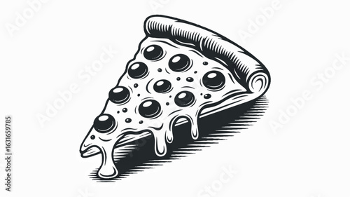 Black and white woodcut style illustration of a single pizza slice with crust and toppings