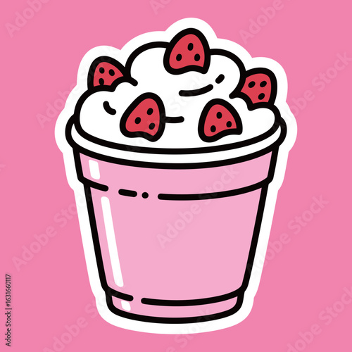 Delicious and cute strawberry milkshake in a pink cup, topped with whipped cream, a sticker design perfect for food and drink themes, isolated on a pink background.